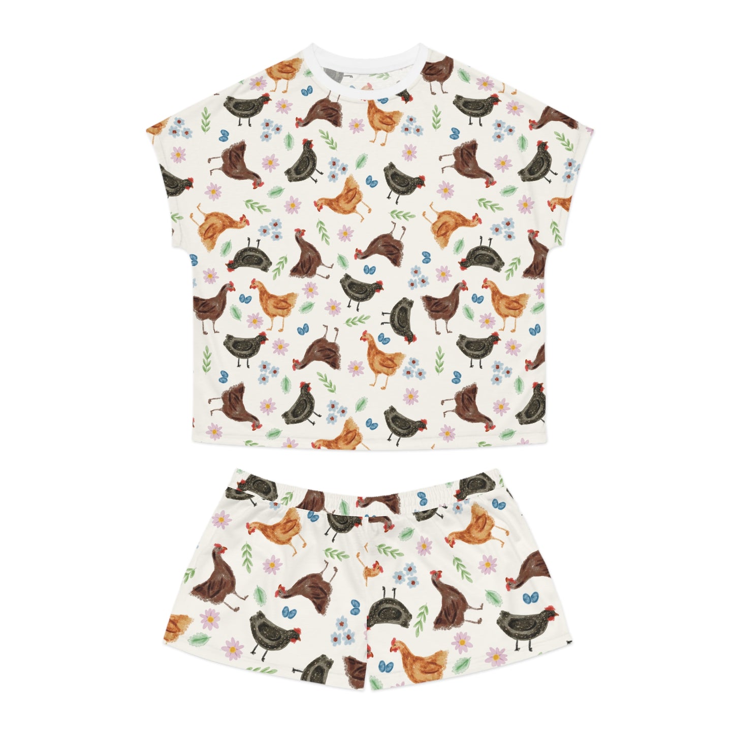 Cozy Chicken Print Women's Pajama Set, Farmhouse Sleepwear, Cute Loungewear, Gift for Her, Floral PJs, Sleepwear Set