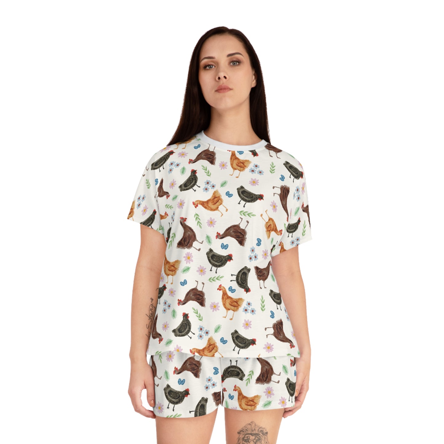 Cozy Chicken Print Women's Pajama Set, Farmhouse Sleepwear, Cute Loungewear, Gift for Her, Floral PJs, Sleepwear Set