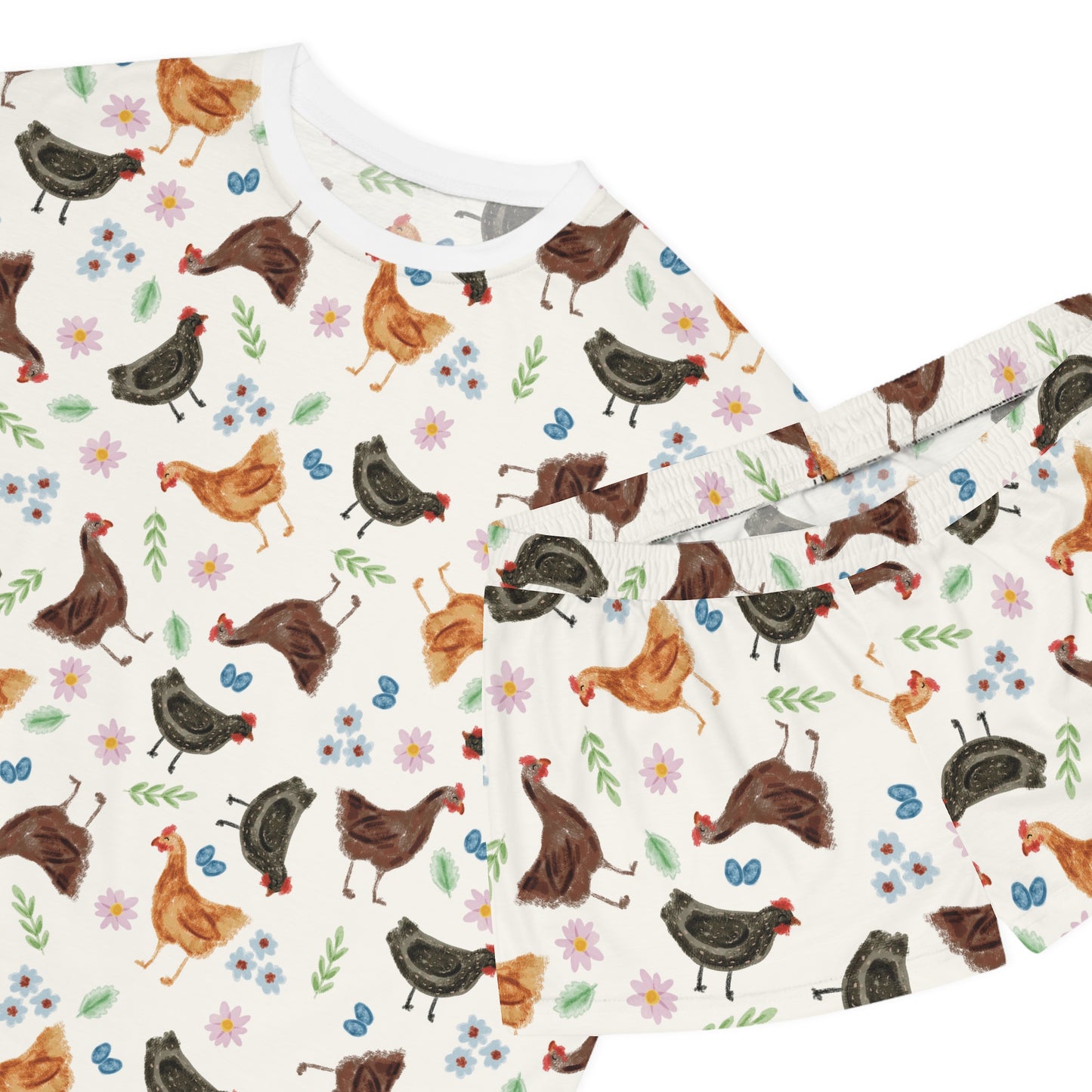 Cozy Chicken Print Women's Pajama Set, Farmhouse Sleepwear, Cute Loungewear, Gift for Her, Floral PJs, Sleepwear Set